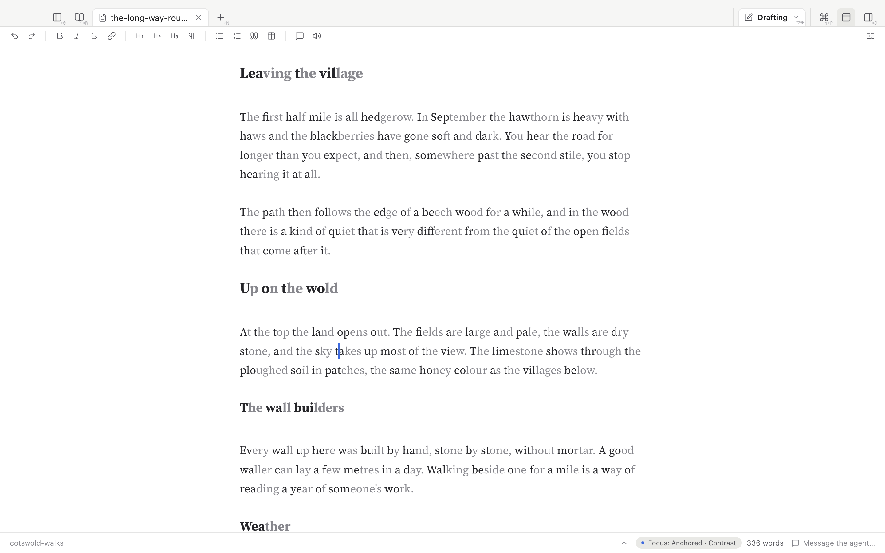 The sample essay with Anchored reading on in the Contrast style: the first letters of every word are dark and the rest of each word is grey.