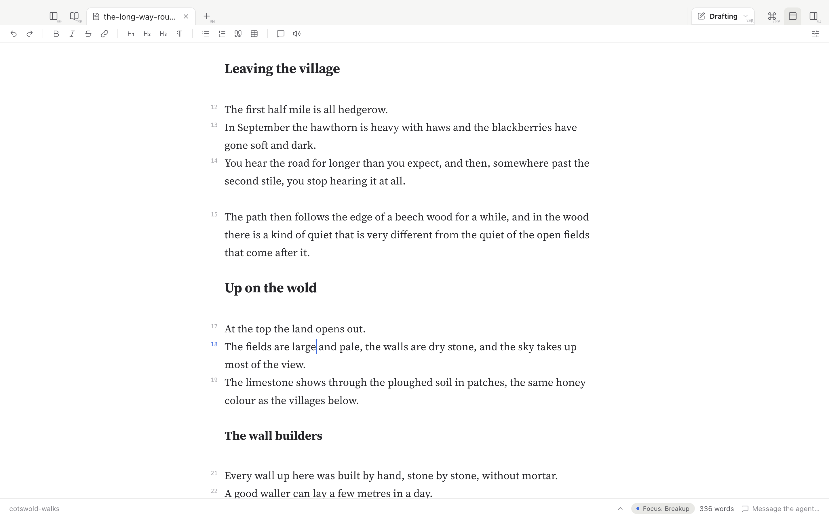 The sample essay with Sentence breakup on: each sentence begins a new line, with small numbers 12, 13, 14 and so on in the left margin, and the current sentence's number in blue.