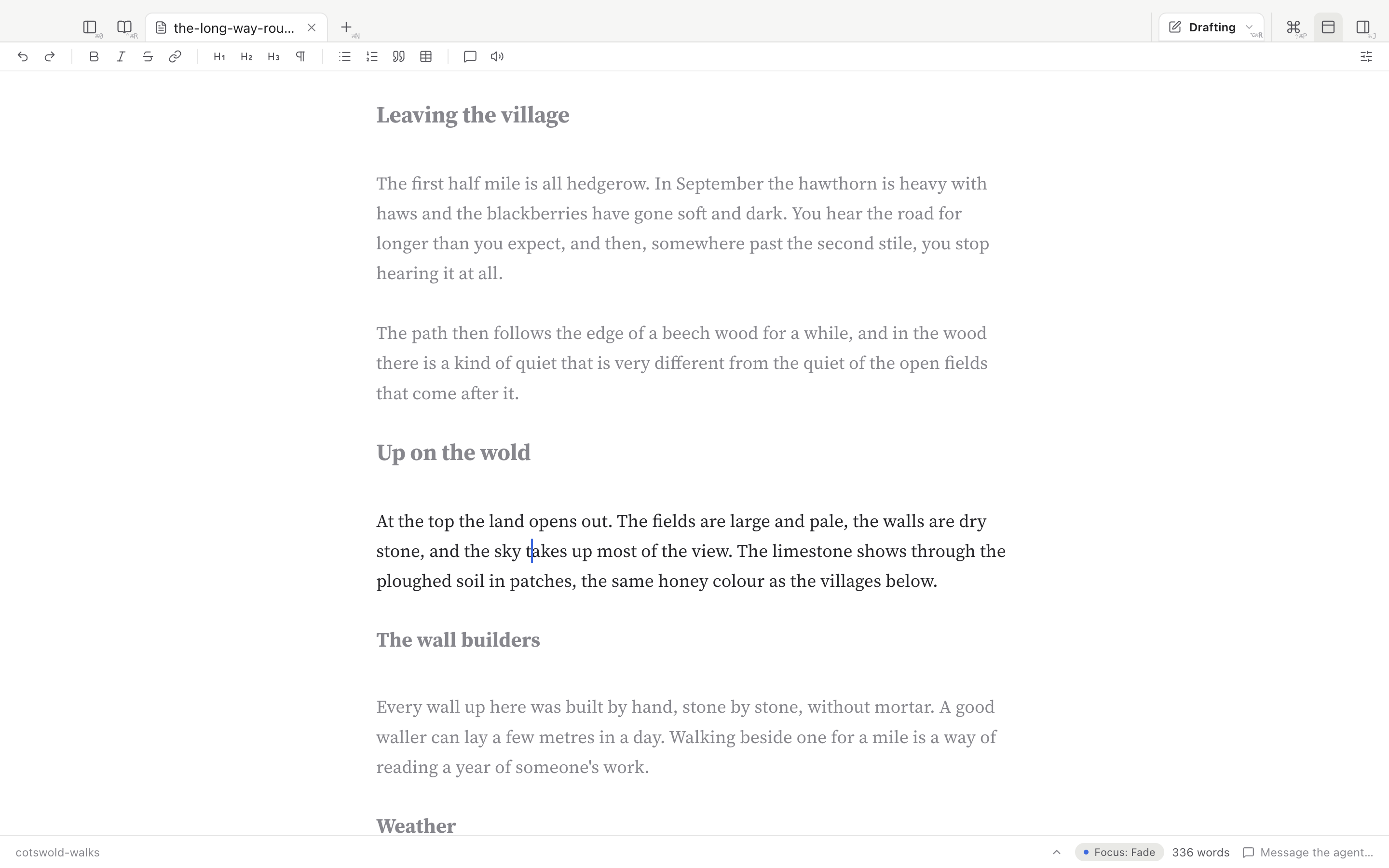 The sample essay with Fade other paragraphs on: the paragraph under the heading Up on the wold is in full black, and the headings and paragraphs around it are grey. The status bar reads Focus: Fade.