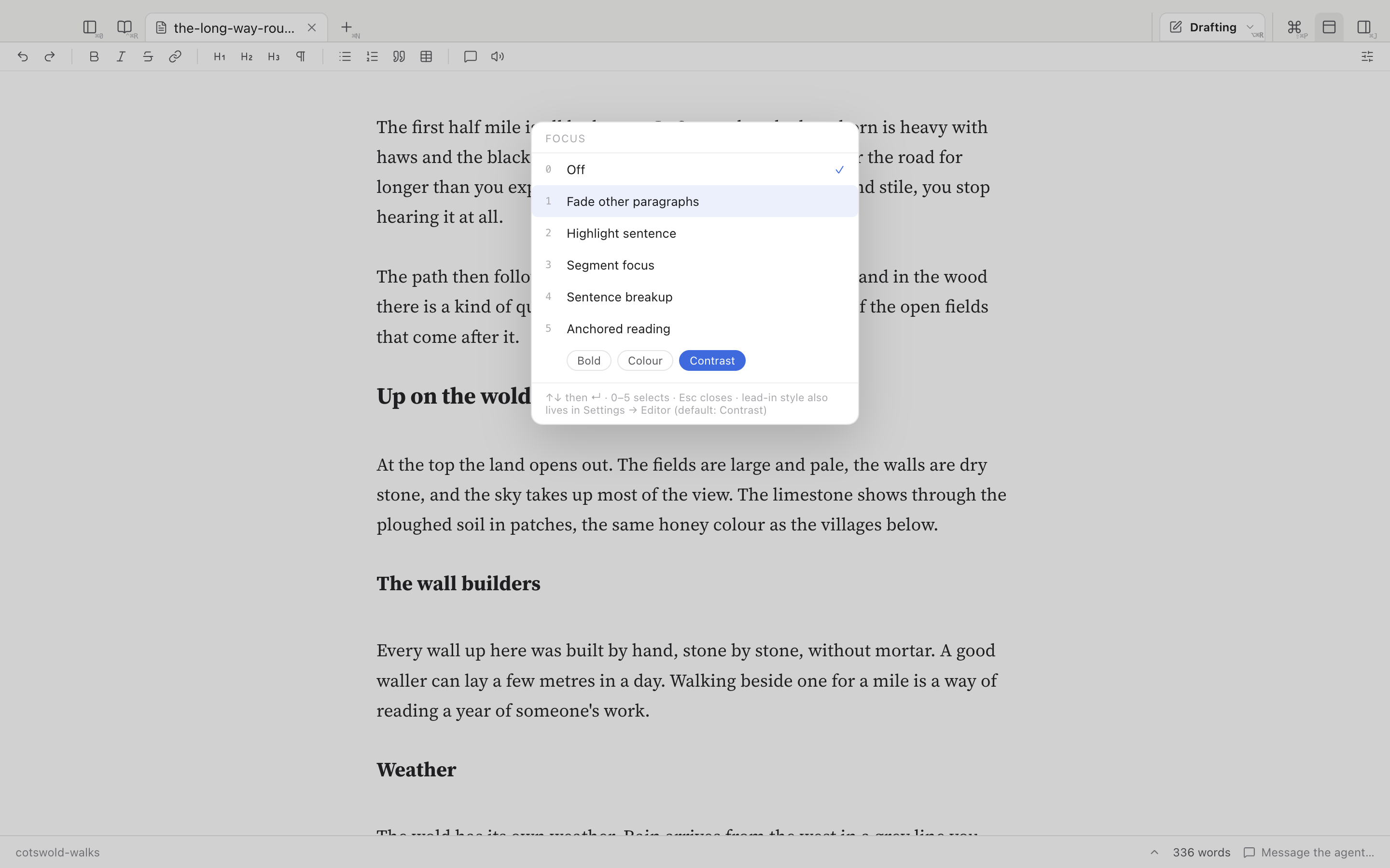 The Focus list over the essay: Off, Fade other paragraphs, Highlight sentence, Segment focus, Sentence breakup and Anchored reading, numbered 0 to 5, with Bold, Colour and Contrast buttons under Anchored reading.